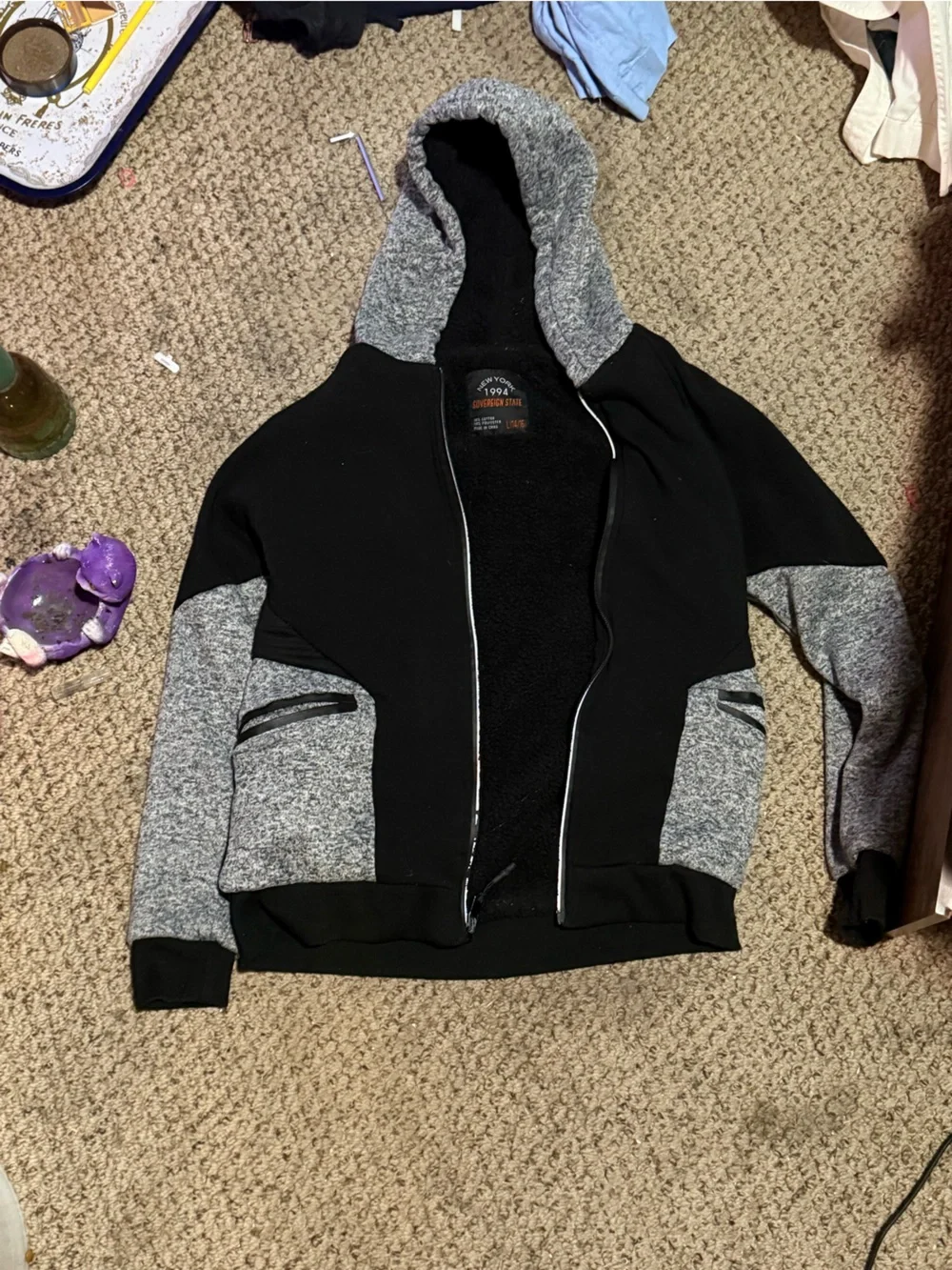 Black and Heather Gray Hooded Zip-Up Jacket
